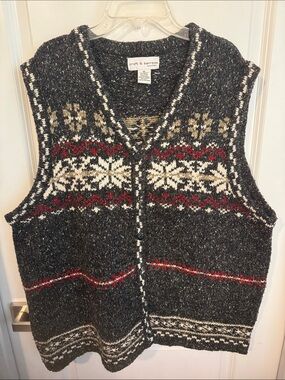 croft & barrow Charcoal Fair Isle V-Neck Sweater Vest with Red and Cream Detail